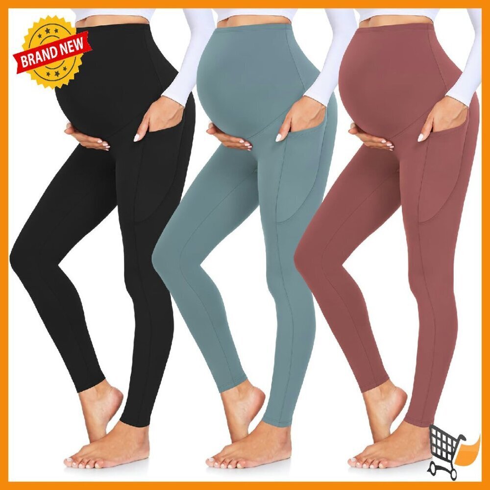 Maternity Leggings 3-Pack with Pockets Over Belly Workout Yoga Pants